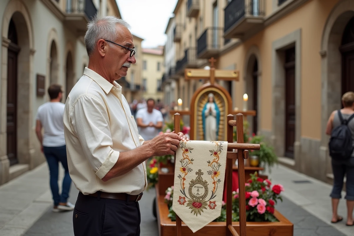 Homme portugais préparant une bannière brodée pour une procession catholique traditionnelle à Braga au Portugal