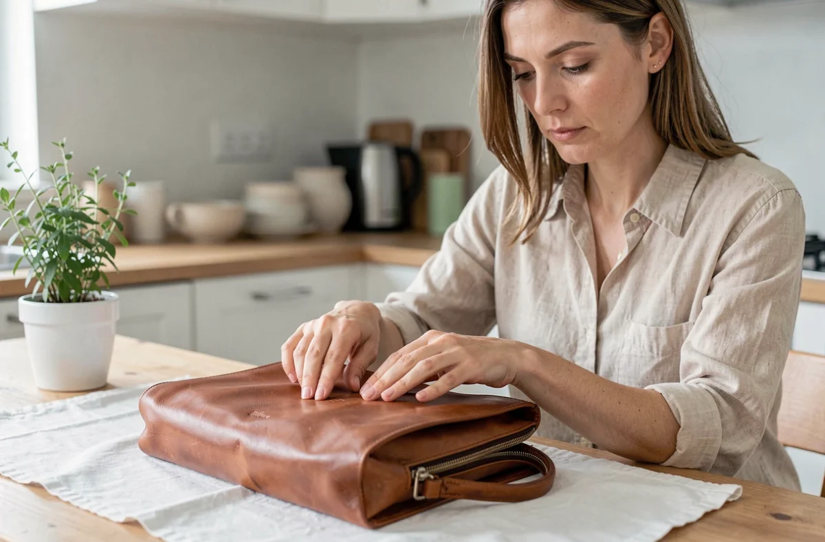 Femme inspectant la surface d'un sac à main en cuir restauré avec une peinture cuir longue durée à domicile