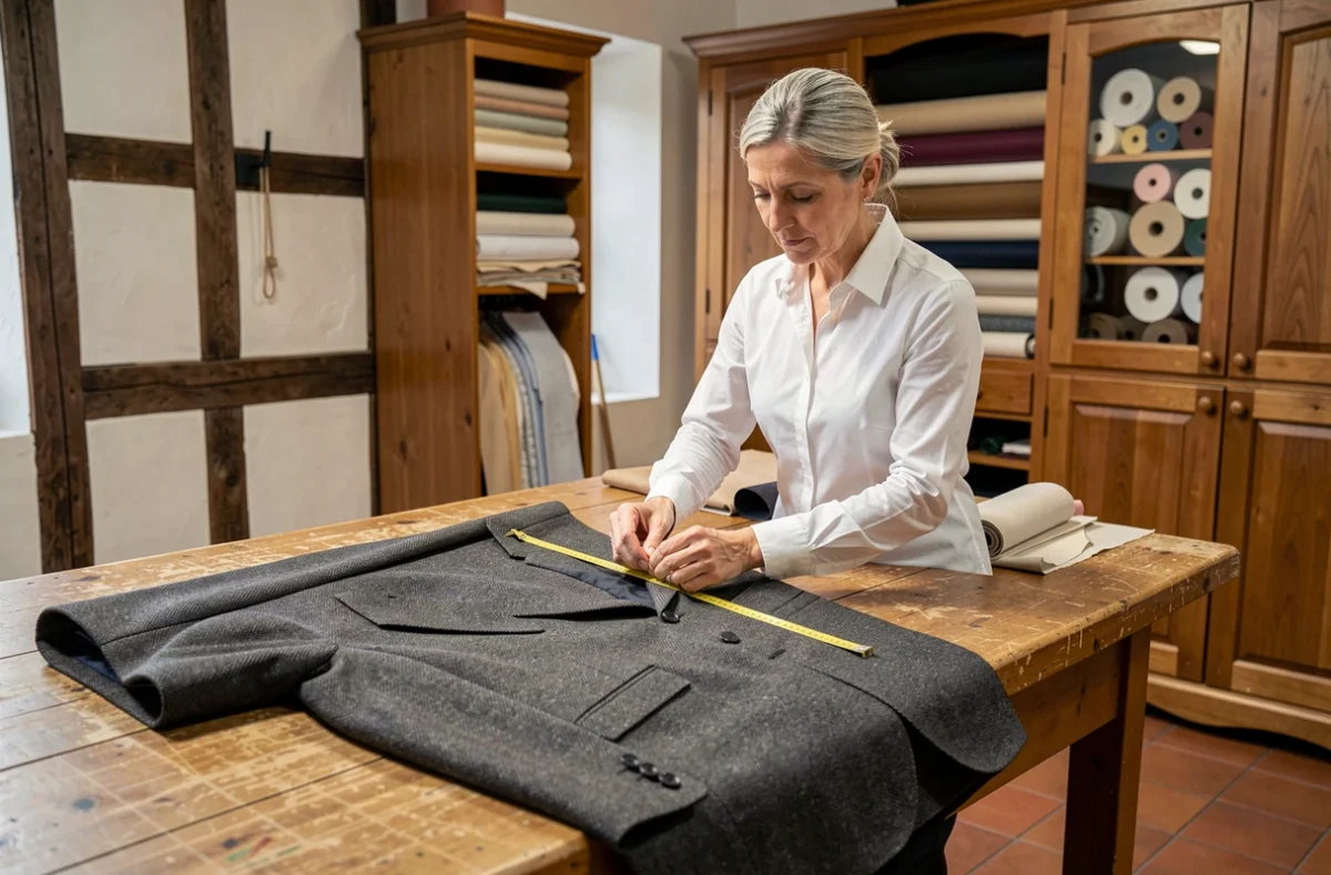 Couturière de Retouches Turenne à Colmar mesurant une veste de costume sur une table de coupe dans un cadre alsacien
