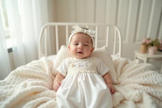 Robe de baptême blanche en satin pour bébé fille avec chaussures et bandeau assortis, posée sur une couverture en tricot ivoire