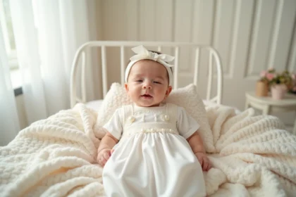 Robe de baptême blanche en satin pour bébé fille avec chaussures et bandeau assortis, posée sur une couverture en tricot ivoire