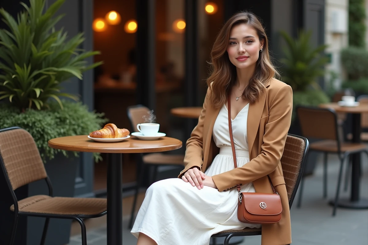 Femme en robe blanche longue avec blazer camel et sneakers blanches attablée en terrasse de café, look élégant décontracté
