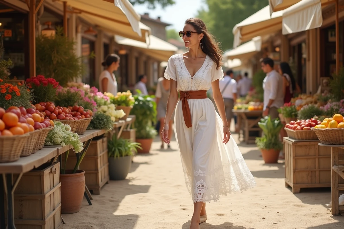 Femme en robe blanche longue ceinturée avec mules et lunettes rondes dans un marché en plein air, style naturel et chic du quotidien