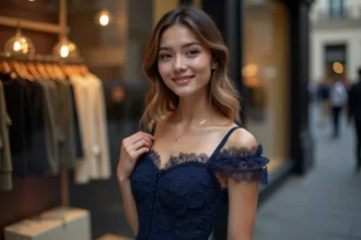 Jeune femme élégante portant une robe de cocktail bleu marine abordable devant une boutique parisienne