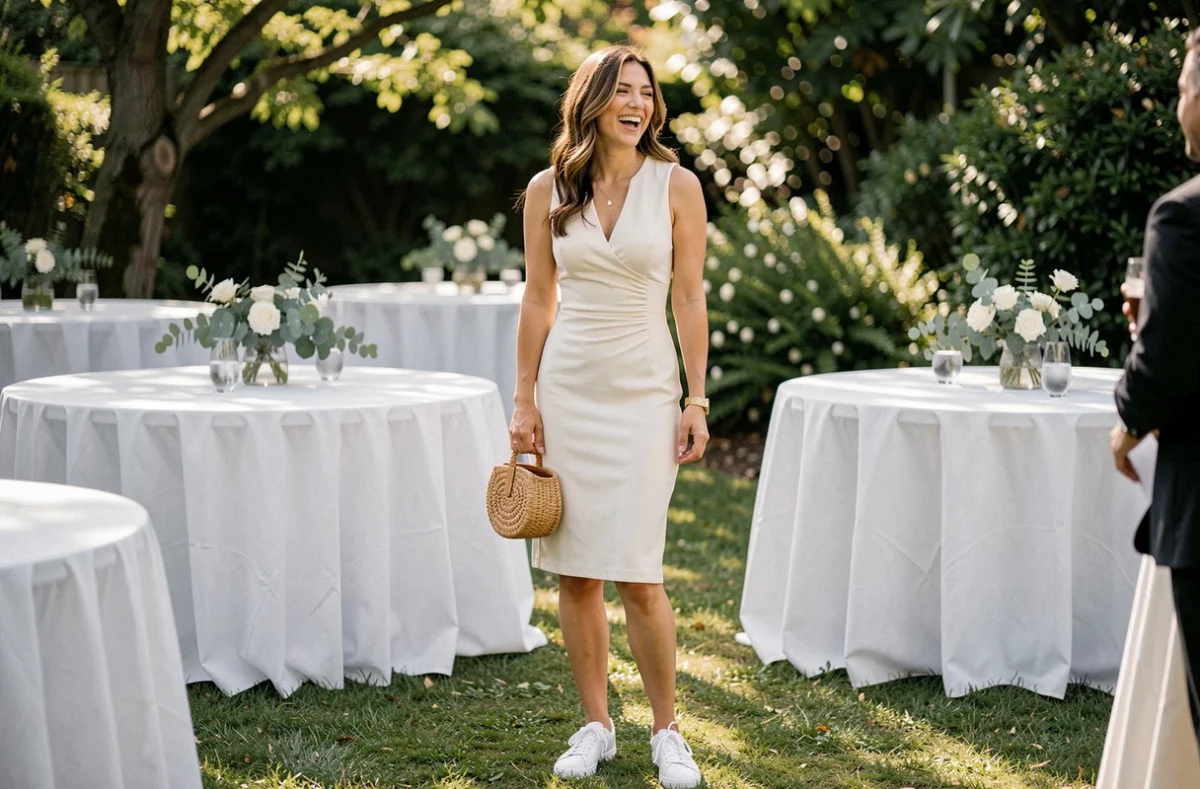 Invitée de mariage en robe courte ivoire et baskets blanches dans un jardin de réception fleuri