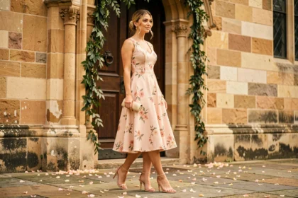 Femme élégante en robe courte fleurie rose avec talons dorés devant une église en pierre pour un mariage