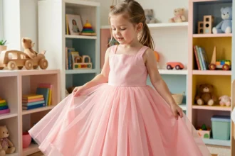 Petite fille portant une robe de princesse en tulle rose douce, touchant le tissu confortablement dans une chambre d'enfant décorée en pastel