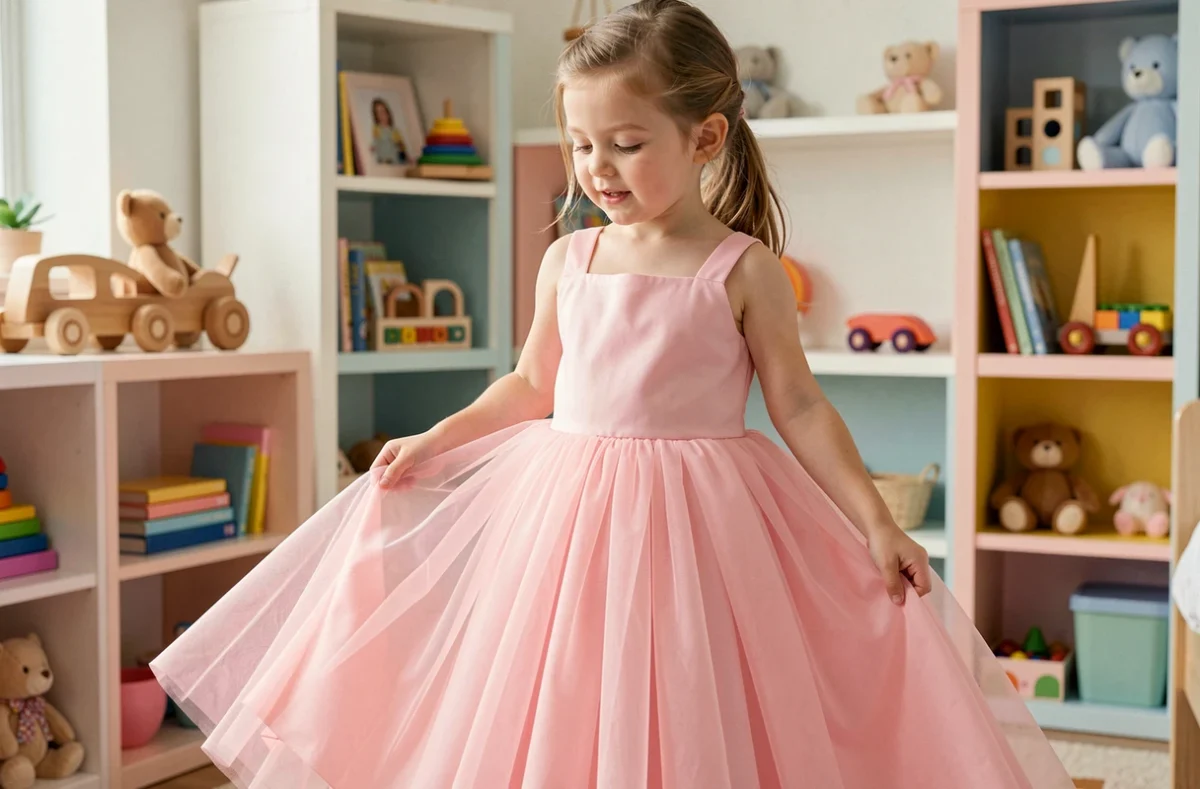Petite fille portant une robe de princesse en tulle rose douce, touchant le tissu confortablement dans une chambre d'enfant décorée en pastel