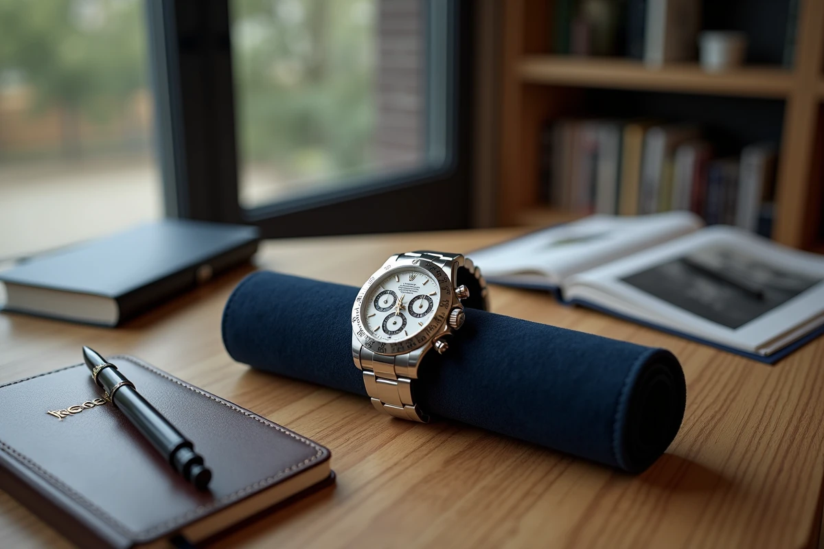 Rolex Daytona posée sur un écrin en daim avec carnet et guide de prix pour premier achat