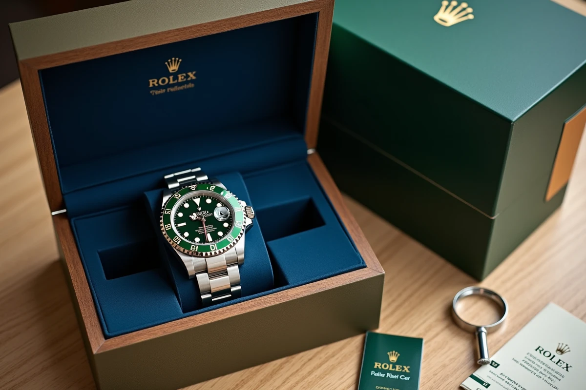 Rolex GMT-Master II 126710GRNR dans son écrin de luxe bleu marine avec carte de garantie sur table en chêne clair