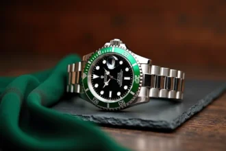 Rolex GMT-Master II 126710GRNR avec lunette céramique noire et verte posée sur ardoise noire, vue macro du cadran