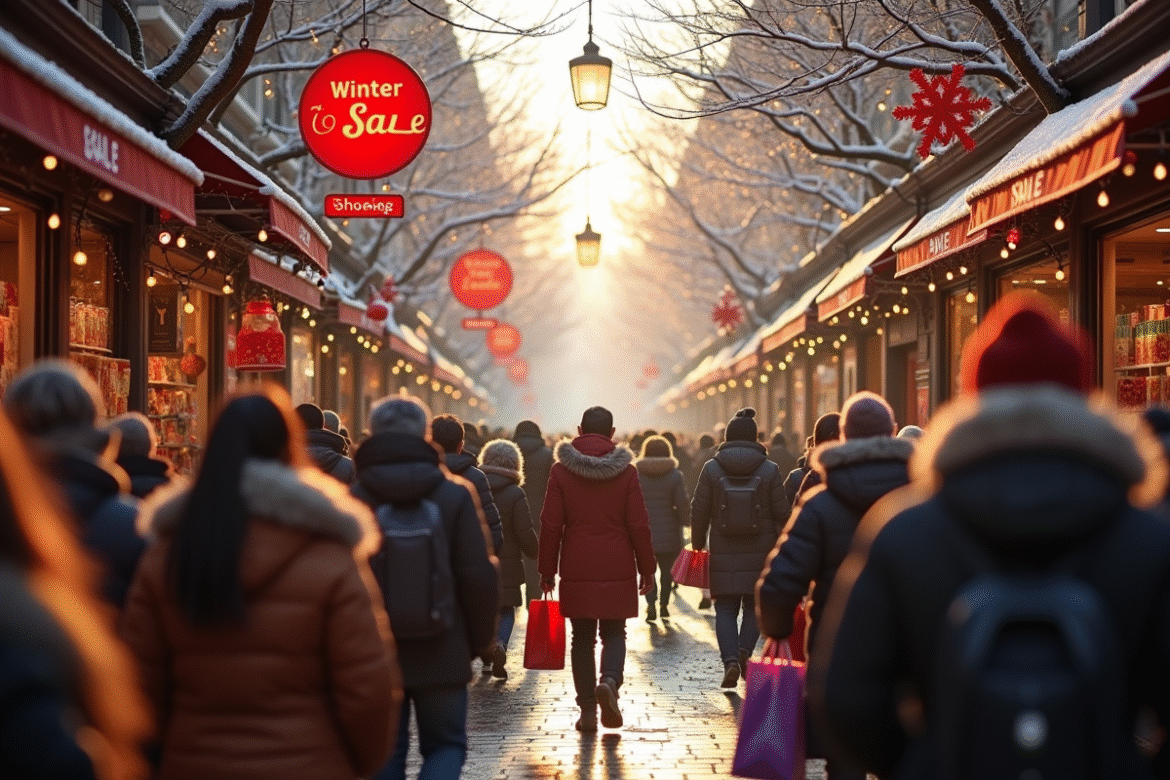 Rue commerçante animée en hiver avec acheteurs et soldes