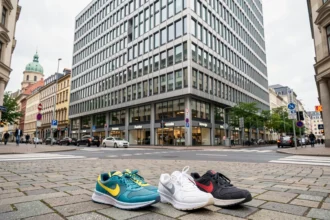 Rue de Berlin avec des baskets au premier plan