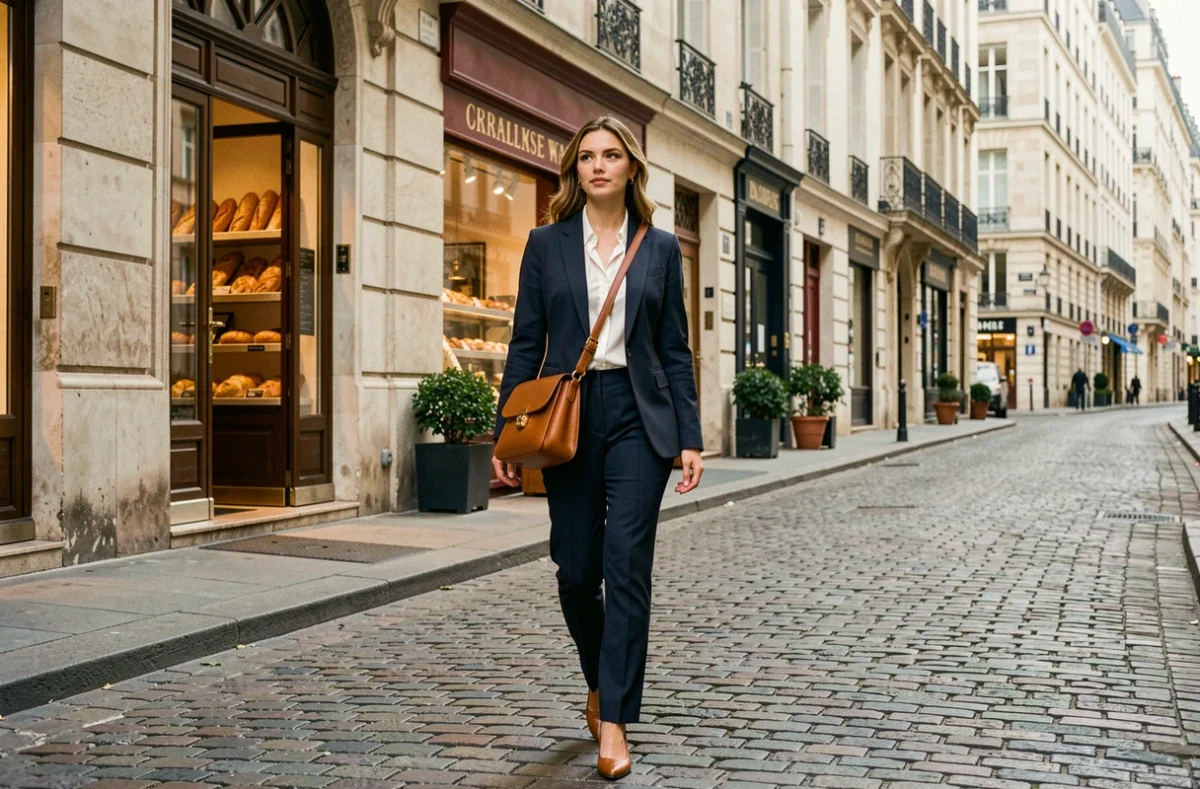 Femme professionnelle portant un sac bandoulière en cuir cognac avec un blazer et un pantalon tailleur dans une rue pavée européenne
