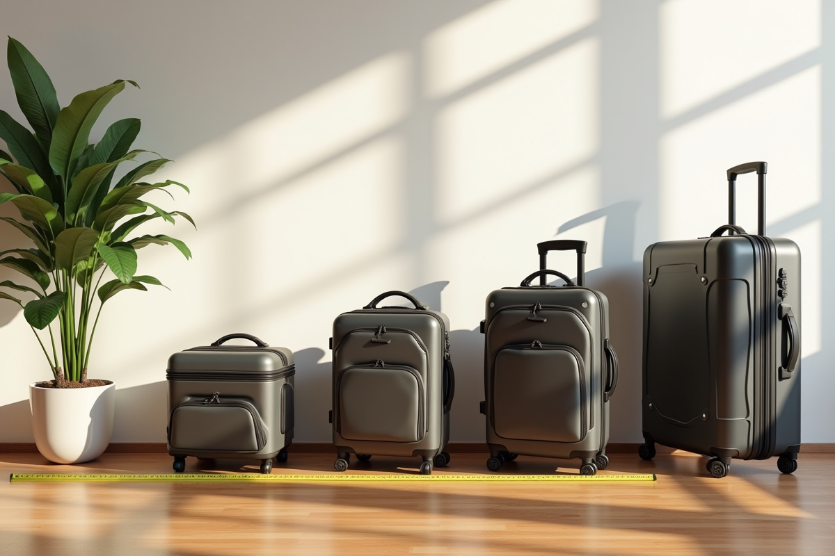 Différents sacs de voyage alignés avec règle et plante verte