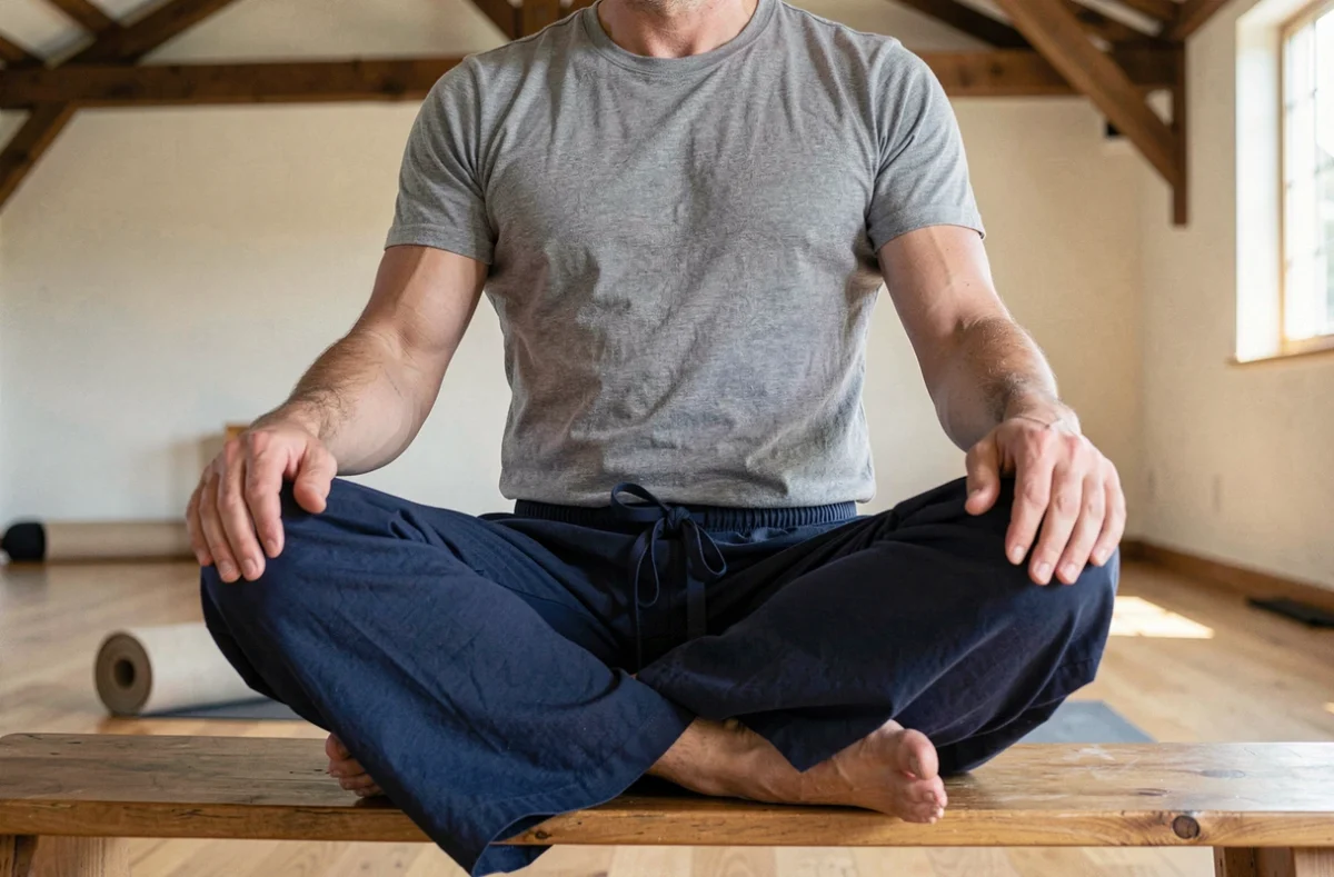 Homme en sarouel bleu marine avec ceinture ajustable assis en tailleur dans un studio de yoga