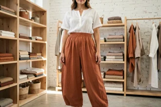 Femme portant un sarouel à taille élastique en coton terracotta dans une boutique de vêtements artisanale