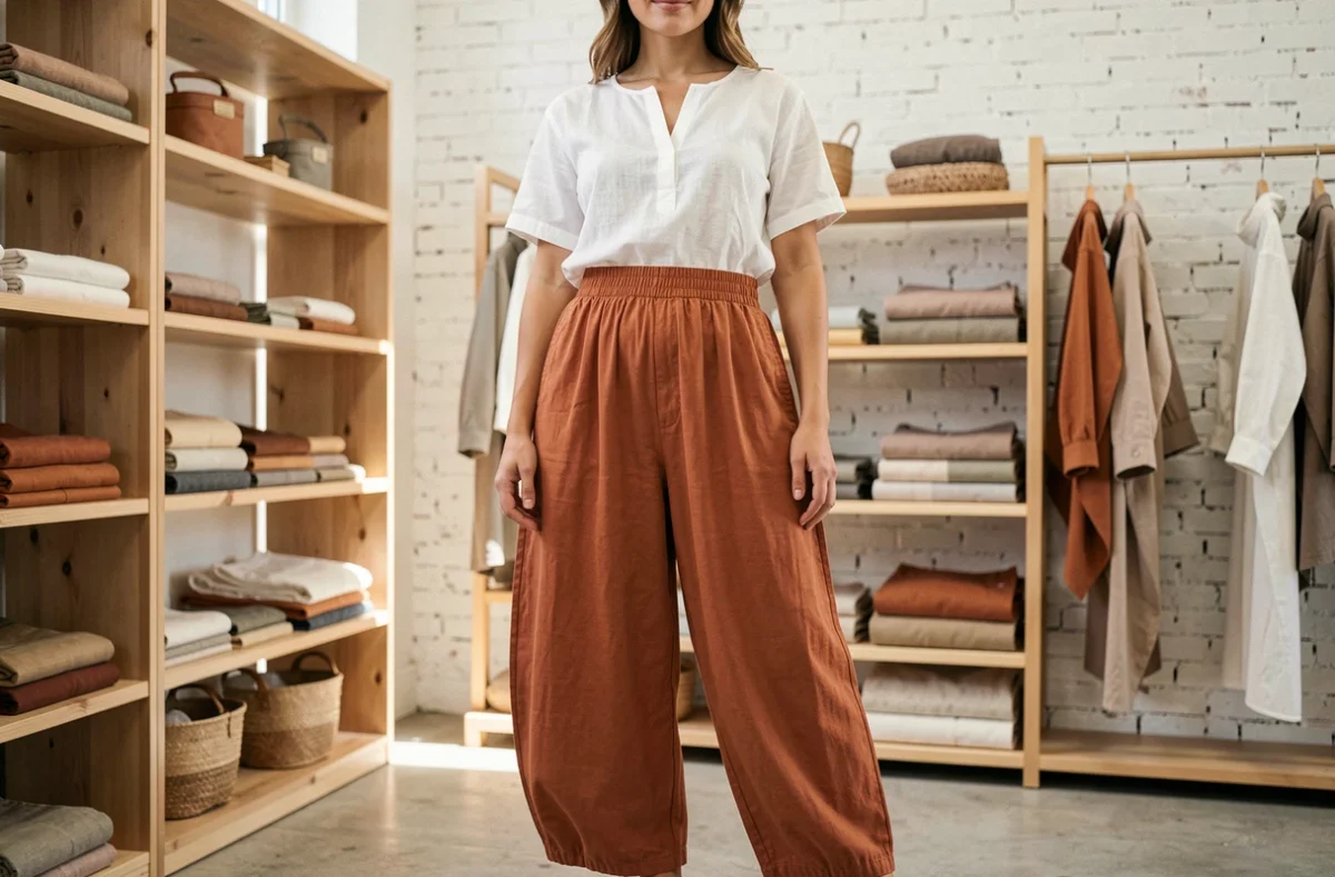 Femme portant un sarouel à taille élastique en coton terracotta dans une boutique de vêtements artisanale