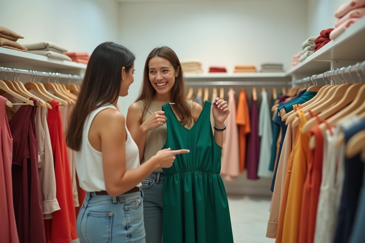Deux jeunes femmes choisissant des robes de cocktail pas chères dans une boutique de mode minimaliste