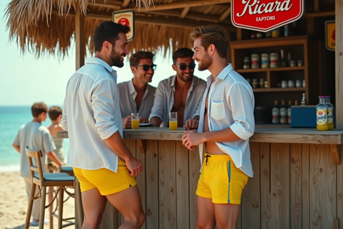 Groupe d'amis autour d'un bar de plage, l'un d'eux portant un short de bain Ricard coloré
