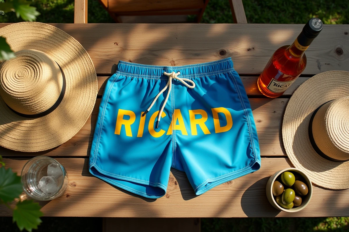 Flat-lay d'un short de bain Ricard posé sur une table en bois avec accessoires d'apéro estival