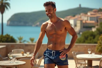 Homme portant un short de bain Ricard sur une terrasse méditerranéenne ensoleillée avec un verre de pastis