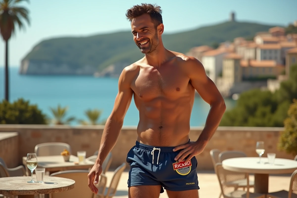 Homme portant un short de bain Ricard sur une terrasse méditerranéenne ensoleillée avec un verre de pastis