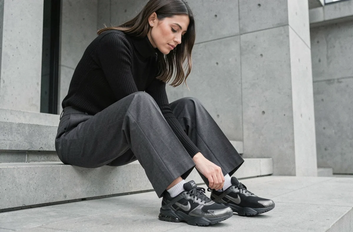 Femme assise en Nike Shox Supreme noires avec un pantalon large gris anthracite et un col roulé dans un décor épuré