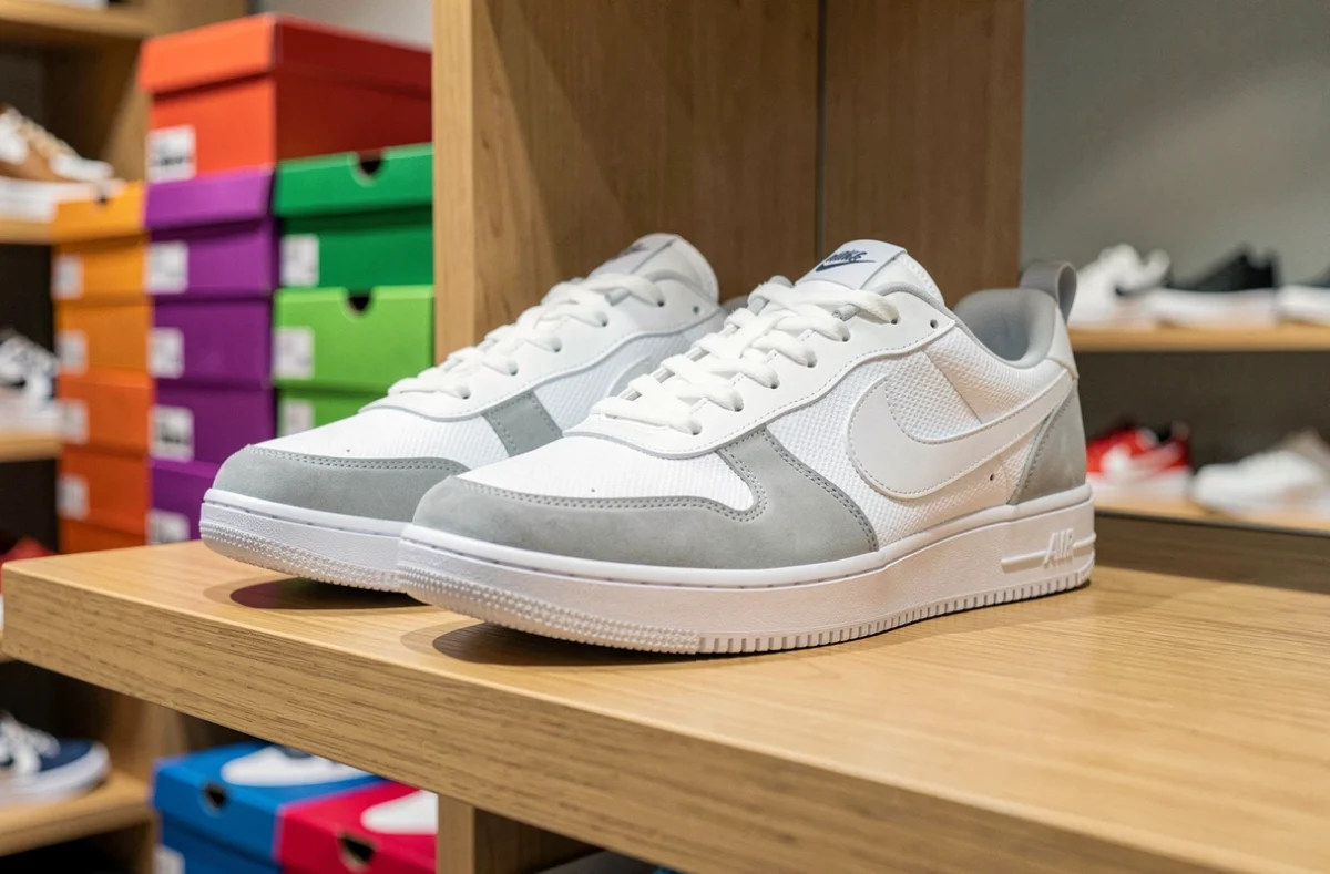 Paire de sneakers premium exposée sur une étagère en bois dans la boutique Snatch Lorient