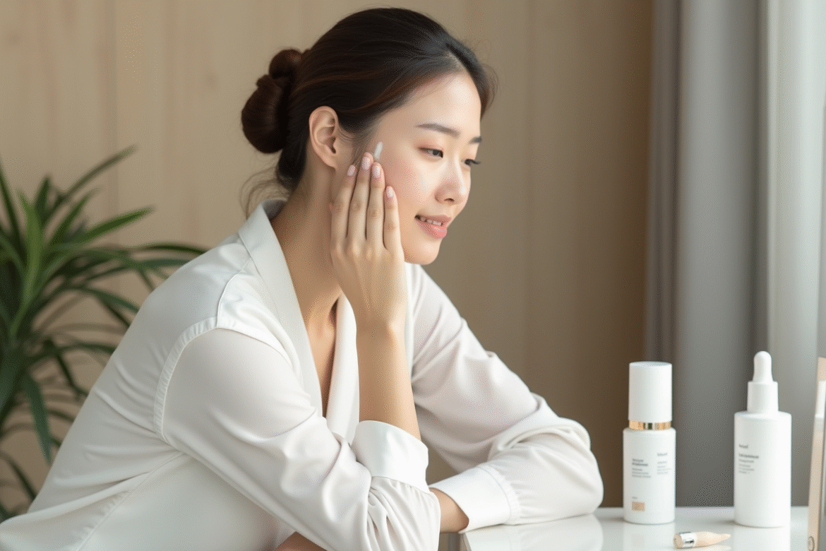 Jeune femme koreenne appliquant un serum visage