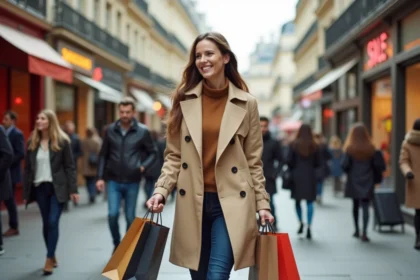 Femme faisant ses achats pendant les soldes d'hiver à Paris, portant des sacs de shopping devant des vitrines avec panneaux soldes