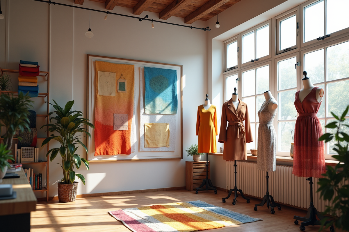 Studio de créateur avec tissus colorés et croquis mode