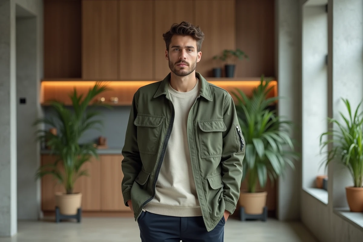 Jeune homme en veste cargo vert sauge et boots épais dans un intérieur scandinave minimaliste, style homme tendance 2026
