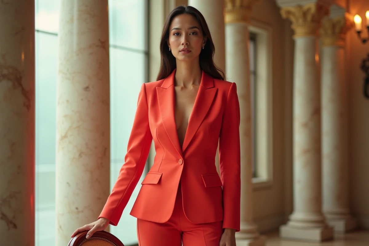Femme en tailleur vif corail Mango dans une salle de réception de mariage, look chic et audacieux pour invitée de cérémonie