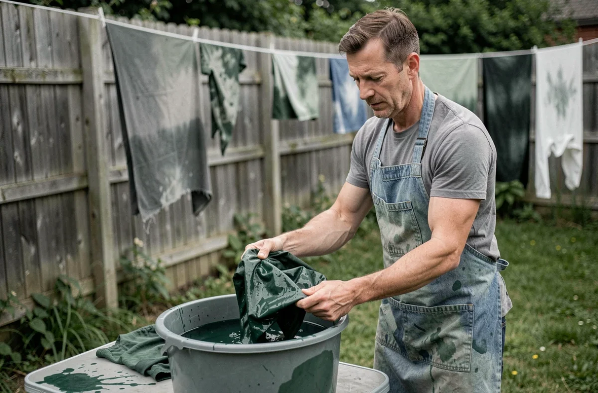 Homme plongeant un vêtement en mélange polyester dans un seau de teinture verte dans un jardin, avec des tissus teints suspendus sur un fil à linge en arrière-plan