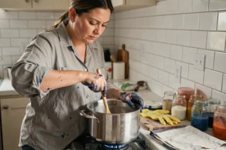 Femme en train de teindre un tissu polyester dans une grande casserole sur une cuisinière, avec des pots de teinture et des gants en caoutchouc posés sur le plan de travail