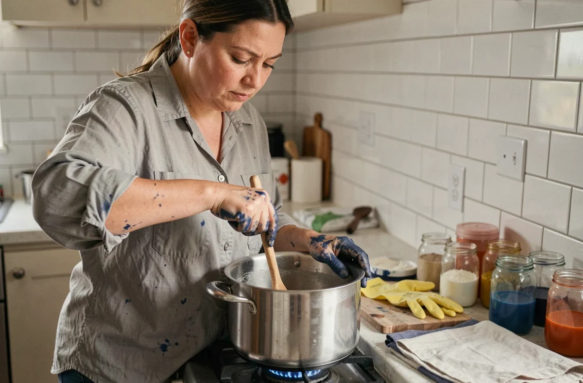 Femme en train de teindre un tissu polyester dans une grande casserole sur une cuisinière, avec des pots de teinture et des gants en caoutchouc posés sur le plan de travail