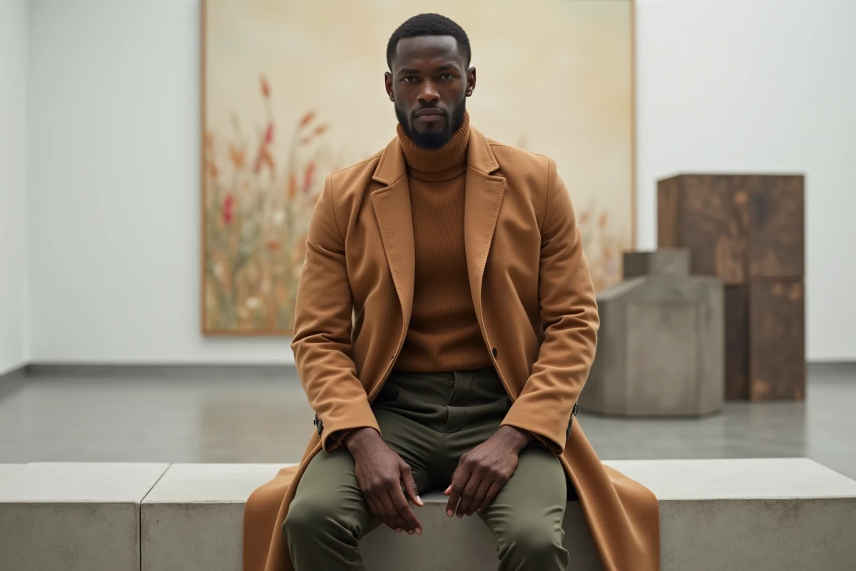 Homme tendance 2026 en col roulé et trench coat camel assis dans une galerie d'art contemporaine, mode masculine moderne