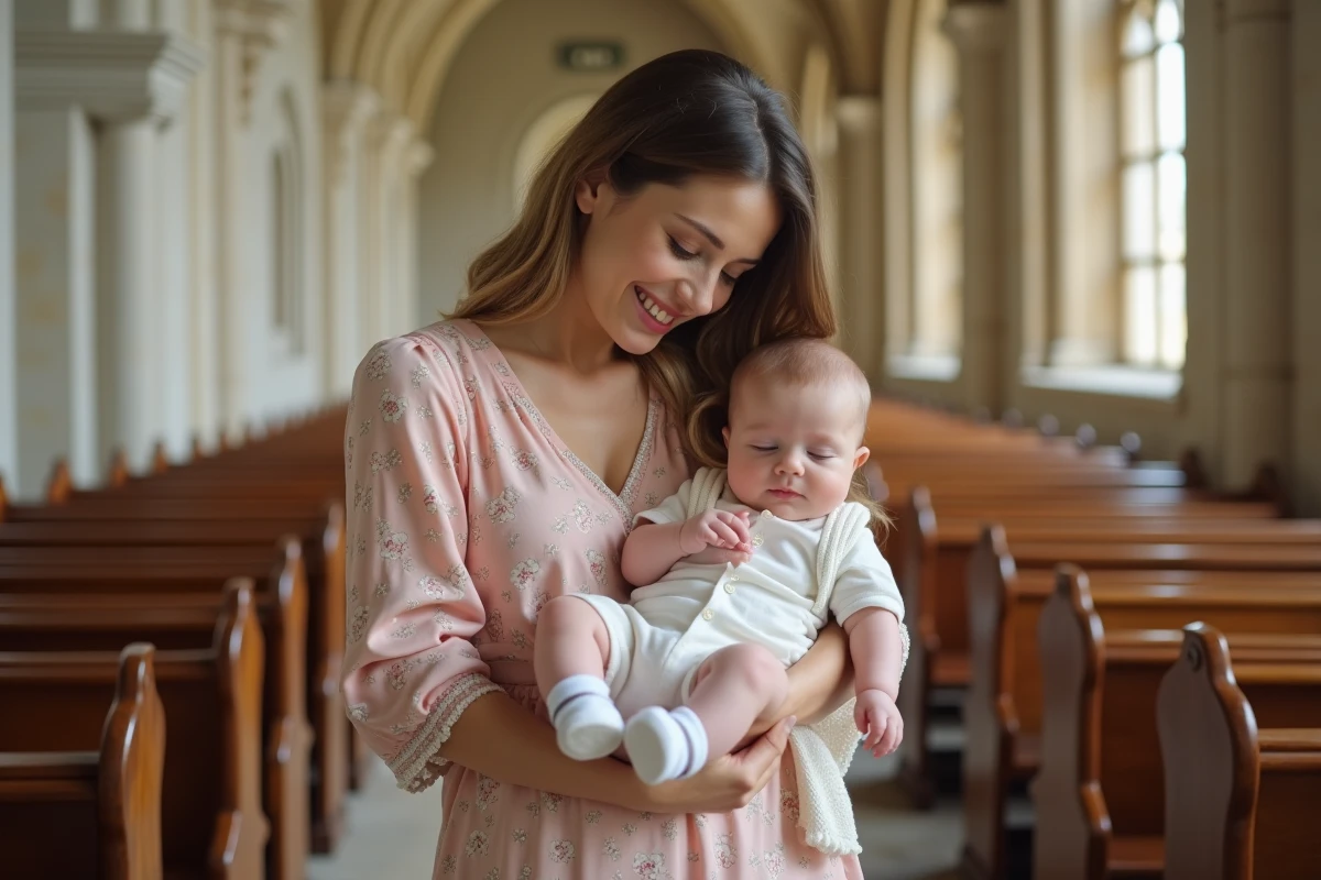 Mère tenant son bébé garçon en tenue de baptême avec cape en tricot et chaussons blancs dans une église en pierre