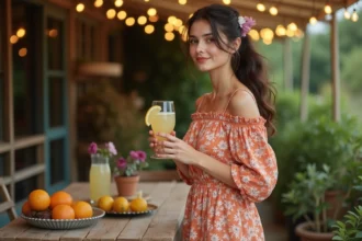 Femme en robe midi imprimé floral terracotta dans un cadre guinguette vintage en plein air