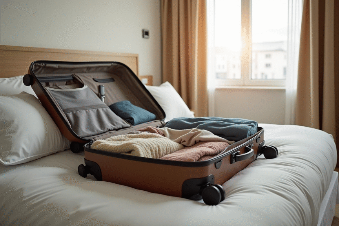 Valise ouverte avec vêtements et chaussures pour une semaine