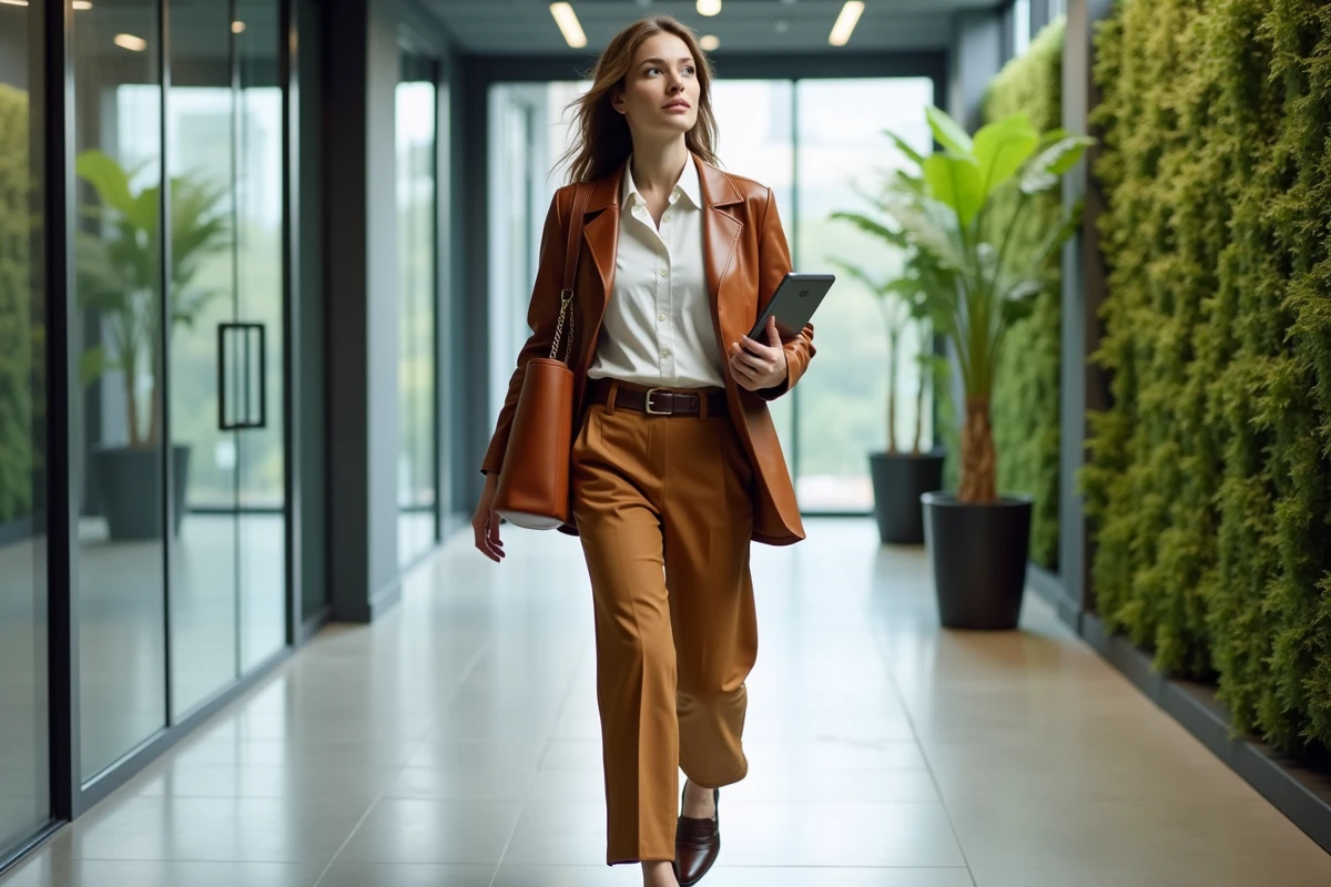 Femme marchant dans un couloir de bureau moderne avec une veste en cuir cognac vintage ceinturée et un pantalon camel à jambe large