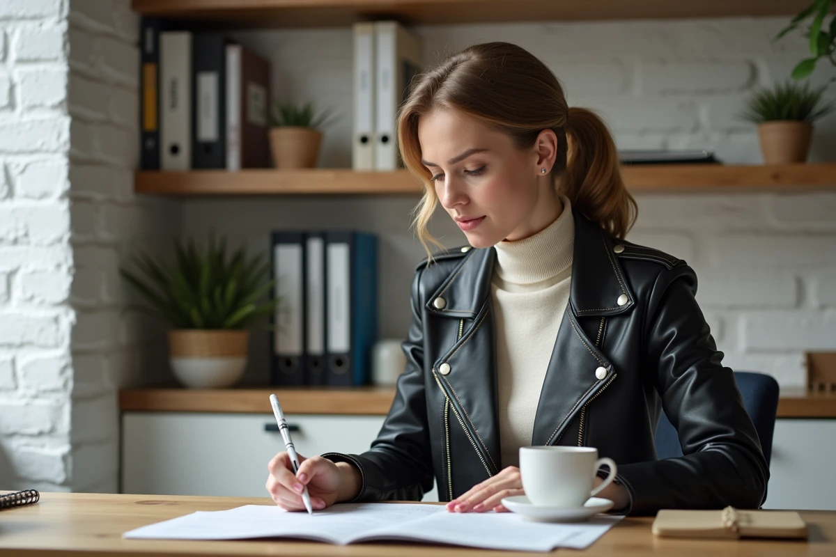 Femme assise à un bureau en bois avec une veste en cuir noir vintage portée sur un col roulé crème, style bureau créatif