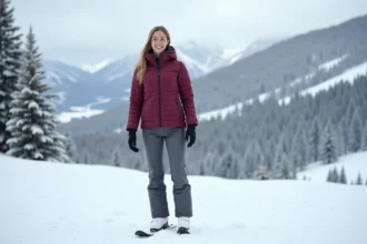 Femme portant une veste de ski haut de gamme bordeaux et un pantalon gris ajusté au sommet d'une piste alpine enneigée