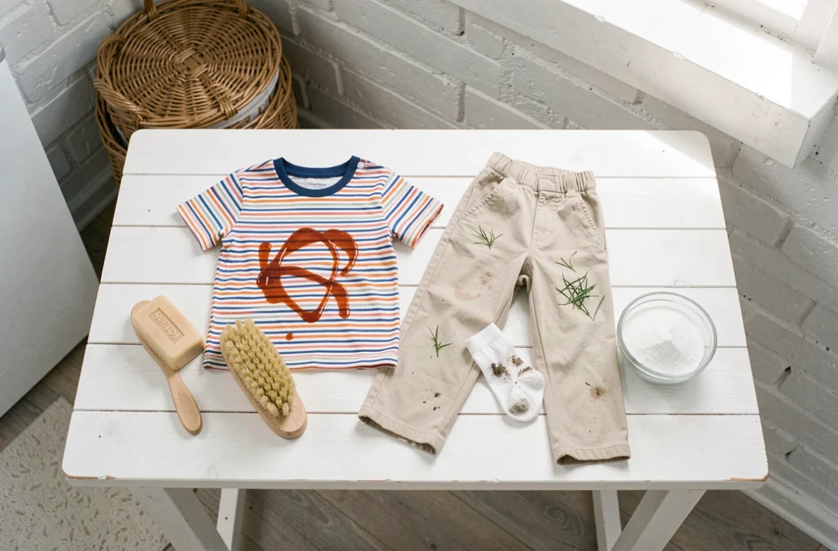 Vue de dessus de vêtements d'enfants tachés avec produits naturels anti-taches sur une table de buanderie blanche