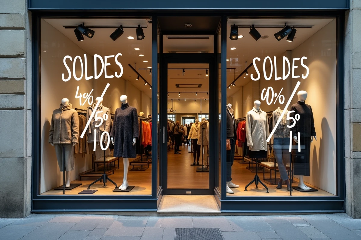 Vitrine d'une boutique à Lyon affichant des panneaux soldes avec des réductions sur les vêtements de saison